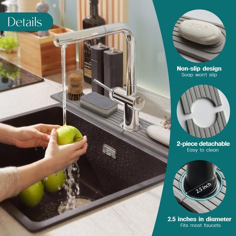 Eormoe Kitchen Sink Faucet Mat - 15.7in Diatomite Sink Protectors for Kitchen Sink, Stone Sink Splash Guard for Kitchen Counter Sink Accessories (Grey, 15.7'' x 3.9'')