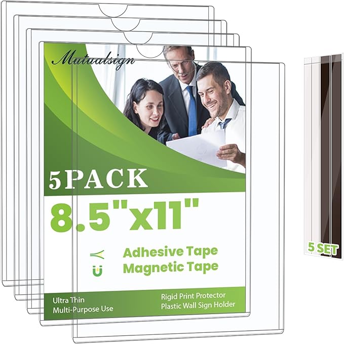 Mutualsign 5pcs Wall Sign Holder 8.5"x11" Magnetic Sign Holder, Rigid Print Protectors with Magnet Strips and Adhesive Strips, Wall Mount Plastic Paper Holder for Office Store Home Window Display (Clear)