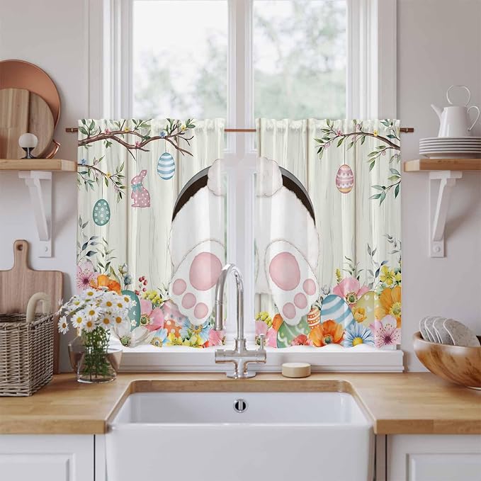 Easter Kitchen Curtains 45 Inch Long 2 Panel Set, Rod Pocket Window Treatment