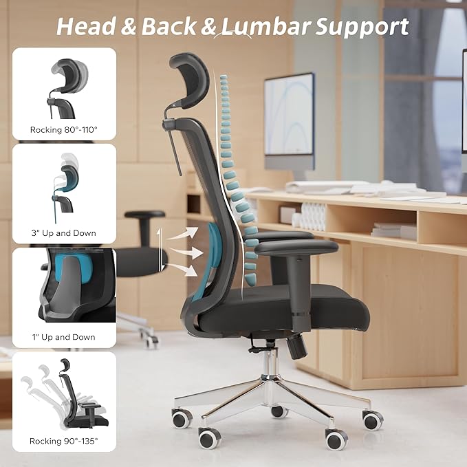 Ergonomic Office Chair with Adjustable Lumbar Support & Flip-Up Armrests - High Back Computer Desk Chair with Thickened Seat Cushion, Rolling Wheels for Home/Office Study Work (05black)