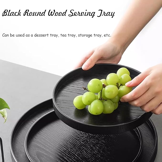 Round Wood Serving Tray, Solid Wooden Decorative Tray Non-Slip Tea Coffee Table Tray Snack Plate Food Meals Serving Tray with Raised Edges for Home Decor Kitchen Restaurant (8.2inch, Black)