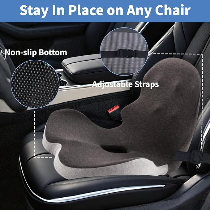 Memory Foam Office Chair Cushion, Ergonomic Seat Cushion with Lumbar Support, Extra Thick L-Shaped Integrated Seat Cushions with Adjustable Strap, for Gaming, Car Seat Cushion(Gray Stitching)