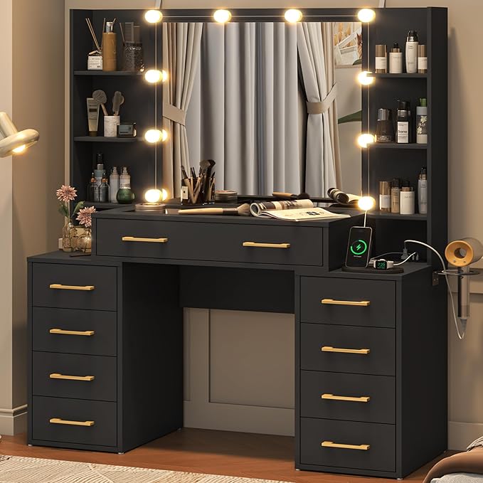 Glass Top Vanity Desk with Mirror and Lights, Large Vanity Makeup Mirror Desk with Charging Station Compartment Storage Drawers, Modern Makeup Vanity with 9 Drawers 6 Shelves, Black