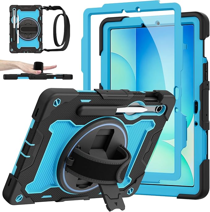 Galaxy Tab S10 Lite/S10 FE/S9 FE 5G/S9 Case 10.9/11 inch | with Screen Protector 360° Rotating Kickstand Hand/Shoulder Strap Heavy Duty Shockproof Cover S Pen Holder Kids Friendly