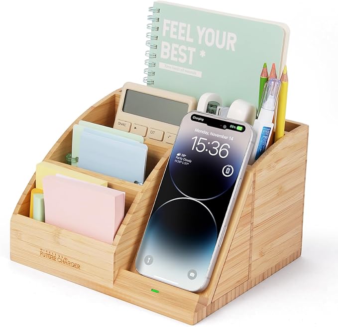 Bamboo Pen Holder for Desk &amp Nightstand Organizer with Fast Wireless Charging for iPhone Samsung &amp More – Office Desk Accessories for Men/Women (Bamboo)