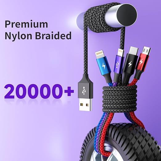 4 in 1 Multi Charging Cable 2 Pack 6FT Charging Cords for Devices | Nylon Braided USB C Car Charger Cable with Dual USB-C IP &amp Micro Ports Long Travel Charging Cord for Cars