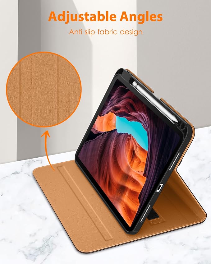 DTTO for iPad (A16) 11th Generation 11-inch &amp 10th Gen Case Brown | Premium Leather Business Cover with Pencil Holder Hand Strap &amp Pocket Corner Protection Auto Sleep/Wake for Work &amp
