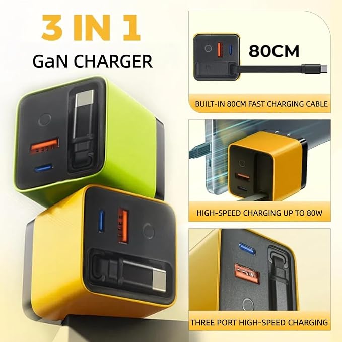 3 in 1 GaN Charger80w Fast Charger Adapter with Type-C Cable &amp 2 USB PortsMulti-Functional Retractable All in one Charger for PhoneTabletslaptops (Yellow)