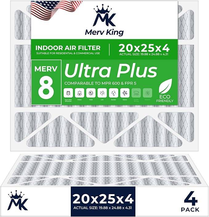 MervKing 20x25x4 Air Filter Actual Size: 19.88" x 24.88" x 4.31" MERV 8 MPR