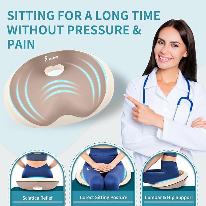 FLORICH Seat Cushion and Lumbar Support Pillow for Office Chair Car Neck Headrest Pillow 100% Memory Foam Seat Pads Pressure Relief Back Cushion and Carseat Pads(Brown)