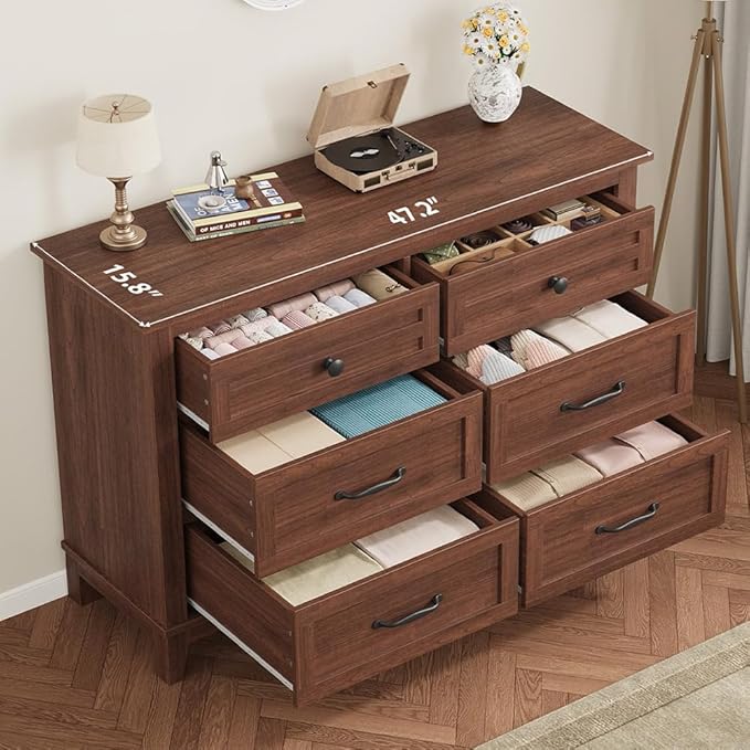 GarveeHome 6 Dresser for Bedroom, 47 in Wide Drawer Dresser with Storage Freestanding, Wooden Closet Storage Chest for Living Room, Bedroom, Entryway, Walunt