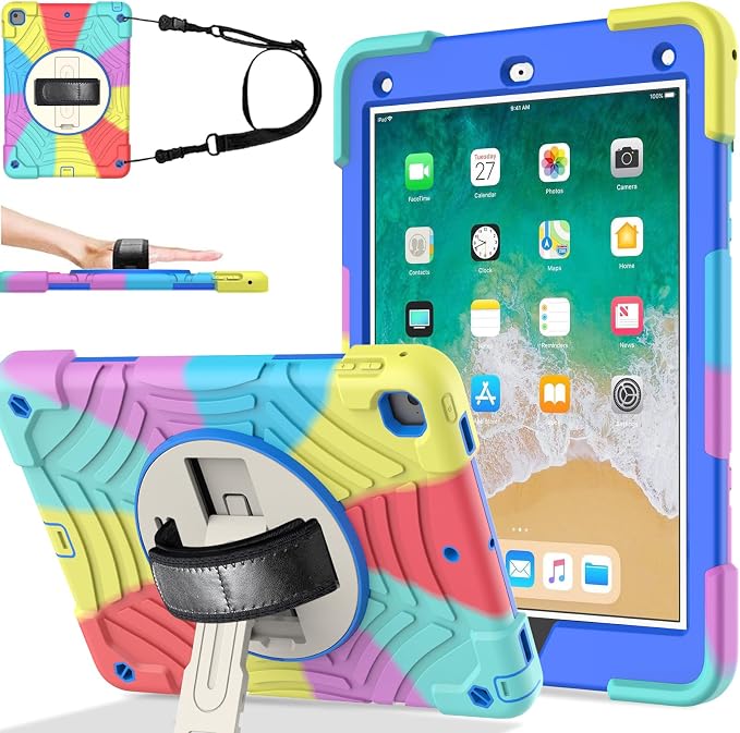 BMOUO Case for iPad 6th/5th Generation Case (9.7 inch 2018/2017) 360°Rotating Stand Hand/Shoulder Strap Shockproof iPad 9.7” Case for iPad Air 2 Black