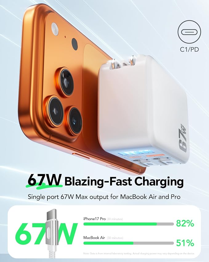 HATALKIN 67W Retractable Wall Charger 4-in-1 with USB-C &amp for Apple Cable | Smart Display ChargerFast ChargingRetractable ChargerFoldable PlugMulti-DeviceTravel UseFor Mac/iPhone/Samsung L