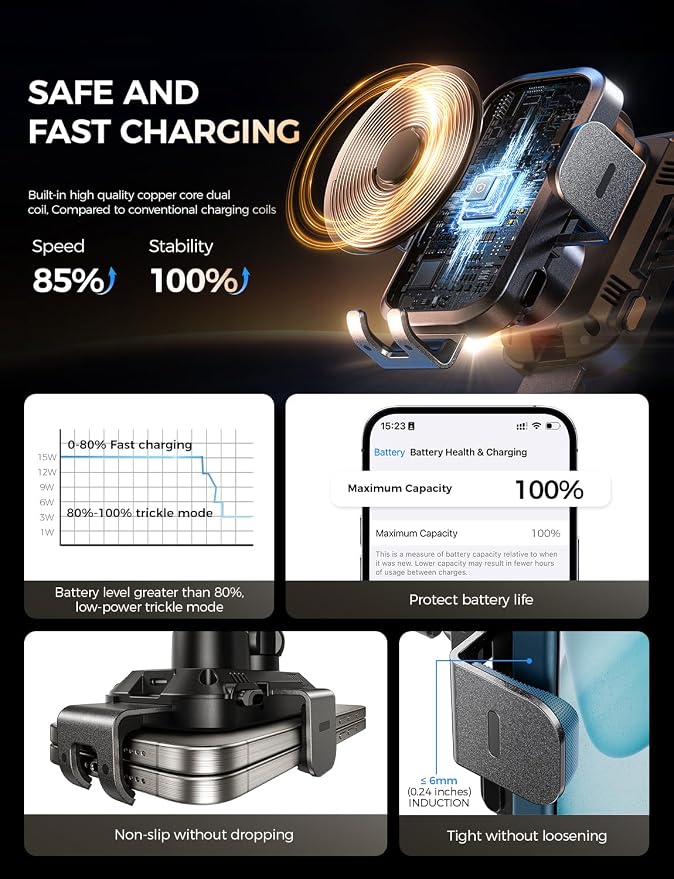 Wireless Car Charger with Phone Holder Mount 15W Fast Charging Auto Clamping Phone Holders for You Car Windshield Dashboard Air Vent Accessories for iPhone Samsung Galaxy Google etc