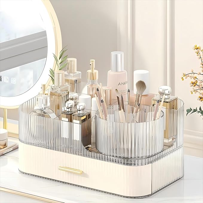 DASITON Makeup Organizer with Drawers and Rotating Makeup Brush Holder,Large Capacity Stackable Cosmetic Organizer Countertop,Bathroom Organizers and Storage,Make up Organizers for Vanity (Cream 02)