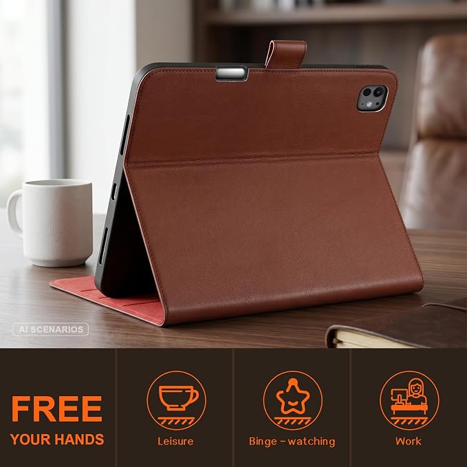 Leather Case for iPad 11th/10th Gen (11/10.9) Black | Genuine Leather Pencil Holder Adjustable Stand Magnetic Closure Auto Wake/Sleep