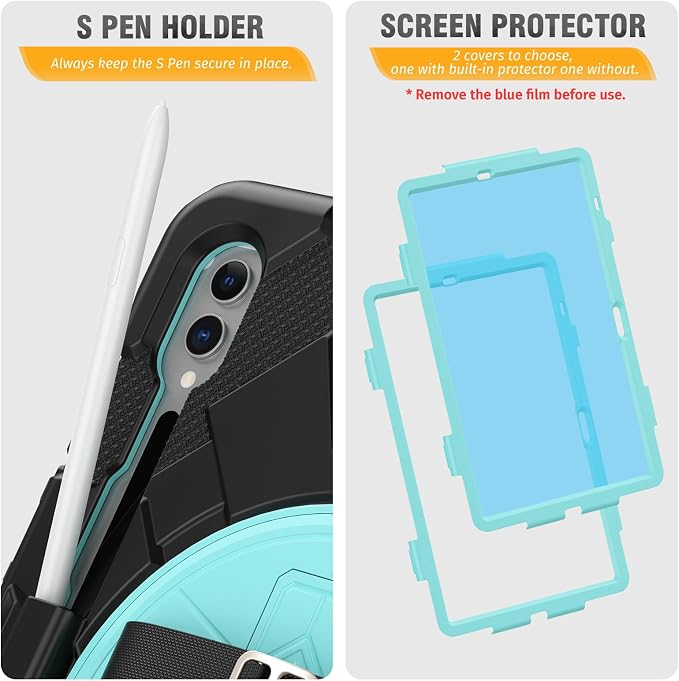 HXCASEAC Case for Samsung Galaxy Tab S10+ Plus / S9 Fe+ / S9+ 5G 12.4 inch Protective with Screen Protector/S Pen Holder/ 360 Rotating Stand Hand Strap - Black