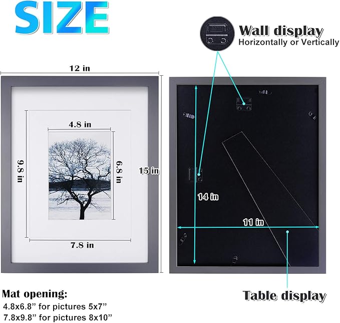 Egofine 11x14 Picture Frame Display Pictures 5x7 / 8x10 with Mat or 11x14 Without Mat Made of Solid Wood Covered by Plexiglass for Table Top Display and Wall Mounting Photo Frame, Dark Grey