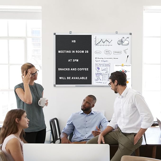 S SWANCROWN Magnetic Dry Erase & Felt Board Combo - Changeable Letter Felt Board for School, Office, Home - Aluminum Frame, 36x24 inch