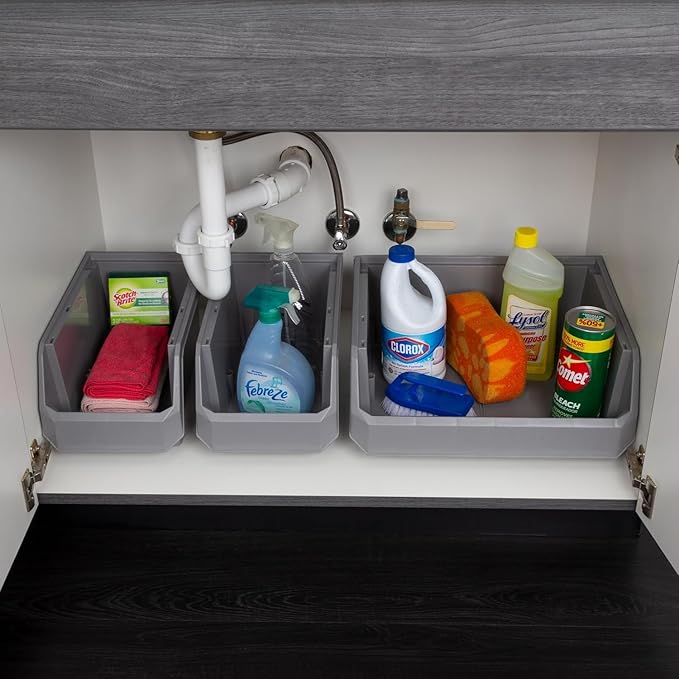 Plastic Containers for Organizing and Storage Bins for Closet, Kitchen, Office, Garage or Pantry Organization, Stackable Bins, Large (14.8" x 8" x 7"), 6-Pack, Grey