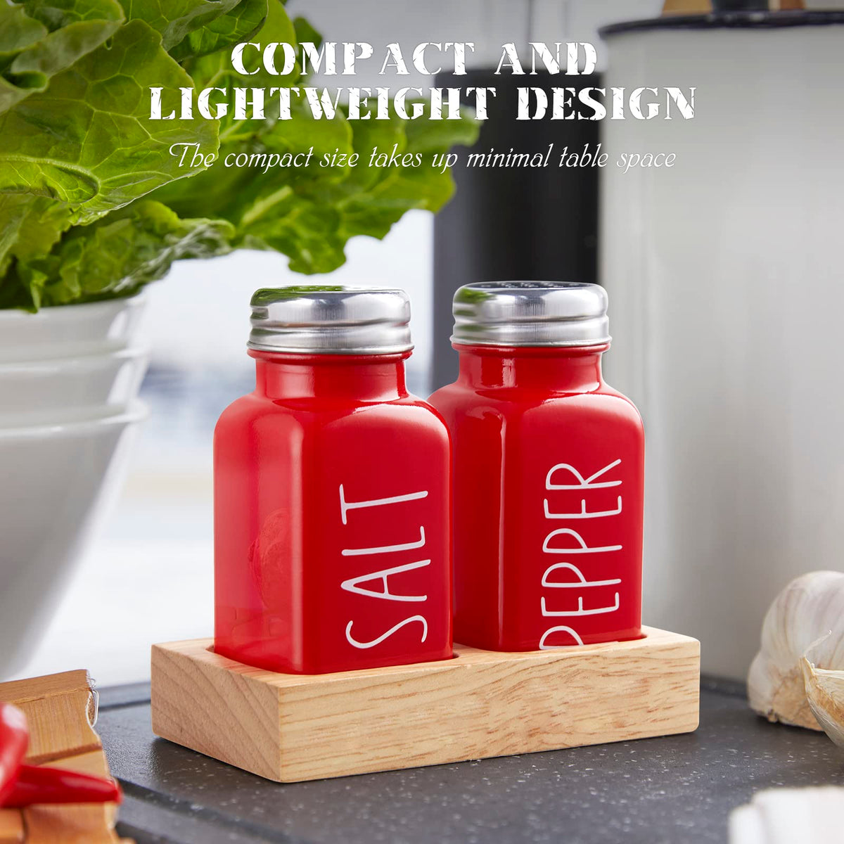 Red Salt and Pepper Shakers Set with Holder - Dopeca Glass Salt Shaker with Wood Tray for Kitchen Counter - Red Kitchen Decor and Accessories - for Christmas Kitchen Housewarming Gift - 2.7 oz