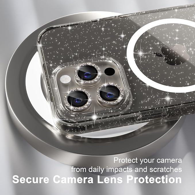 Choiche for iPhone 15 Pro Max Case Compatible with MagSafe Glitter Black | Women Girly Cute Glitter Sparkly Magnetic Phone Case with Diamond Camera Lens Protectors Military-Grade Drop Protection 6.7