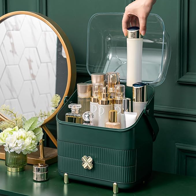 Preppy Skincare Organizers Makeup Organizer Holder Cosmetic Storage Box Display Case 3 Tiers Dust Free Cover Portable Handle 2 Rroomy Drawers Gift Great For Bathroom Countertop Dresser Dark Green
