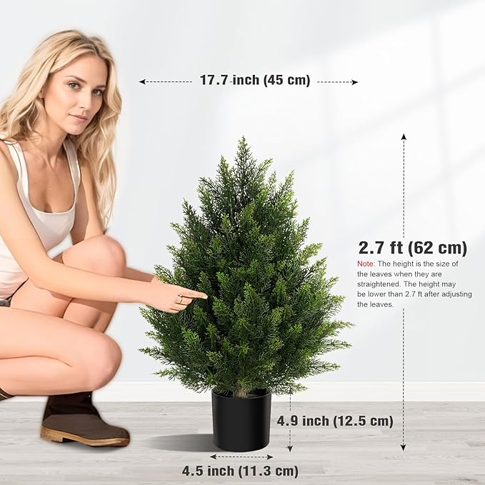 Outdoor Artificial Cedar Topiary Tree, Faux Evergreen Shrubs for Front Porch Decor, Lifelike Fake Bushes Plants for Home Living Room Front Door Decor (1, 2ft)