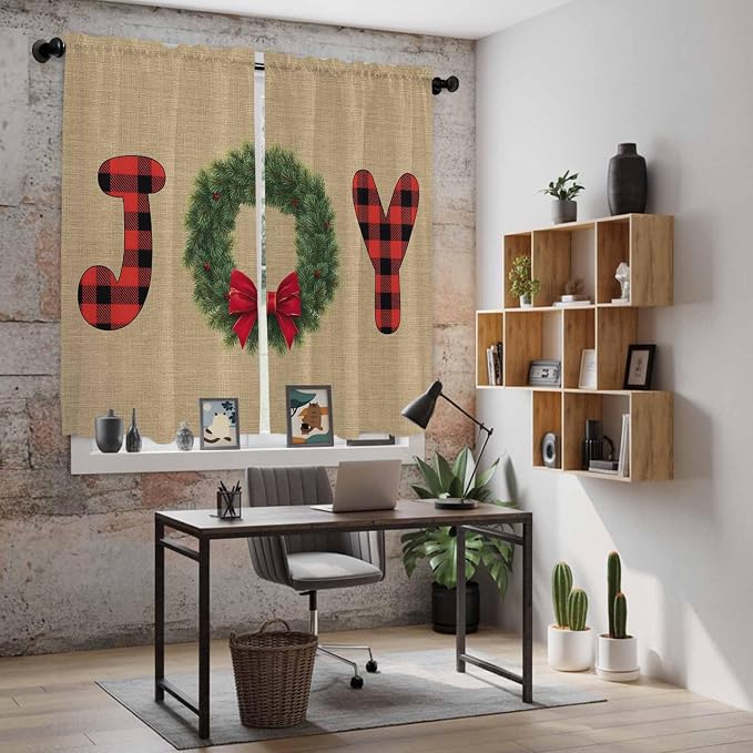 Red Green Christmas Window Curtains 63 Inch Long 2 Panel Set, Rod Pocket