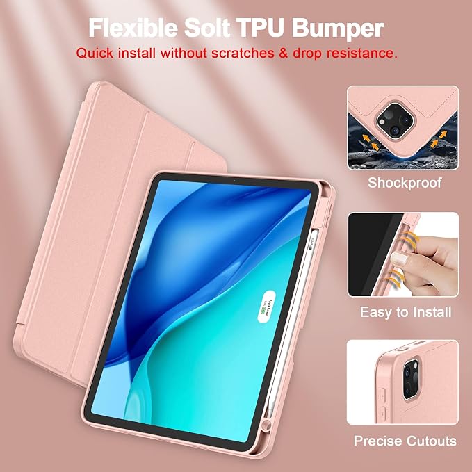 New iPad Pro 11 Inch Case 2022(4th Gen)/2021(3rd Gen)/2020(2nd Gen) with Pencil HolderSmart iPad Case [Support Touch ID and Auto Wake/Sleep] with Auto 2nd Gen Pencil Charging (Deep Pink)