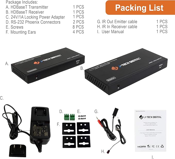 J-Tech Digital Long Range HDMI Extender Over Cat6 150m/492ft HDBaseT 4K60Hz 18Gbps Extender PoC, Bi-Directional IR, Supports Dolby Digital, DTS, with EDID, CEC, RS-232 Passthrough [JTECH-UHDT150]