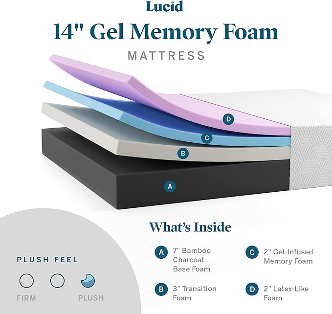LUCID 14 Inch Memory Foam Mattress - Plush Feel - Memory Foam Infused with Bamboo Charcoal and Gel - Temperature Regulating - Pressure Relief - Breathable - Premium Support - King Size