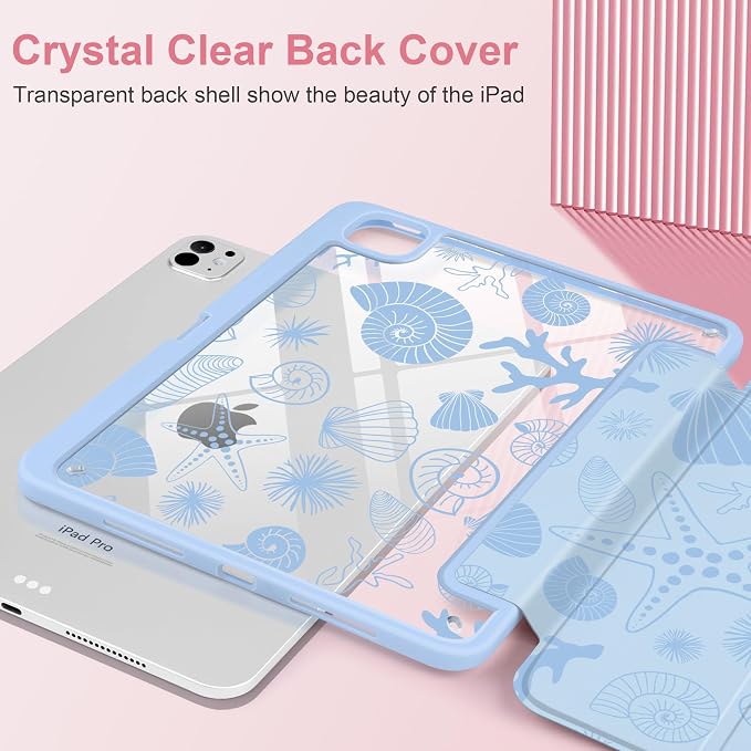 Case for iPad Pro 11 inch M5 2025 /M4 2024 Blue Ribbon Stripe | Blue Ribbon Stripe Folio Case with Clear Back Pencil Holder Trifold Stand and Auto Sleep/Wake for Preppy Aesthetic Users