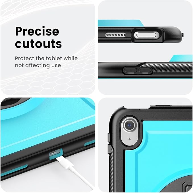 Case for iPad (A16) 11th/10th Generation 11''/10.9'' 2025/2022: Shockproof Protective Case with Hand/Shoulder Strap Pencil Holder Rotate Stand Screen Protector Black