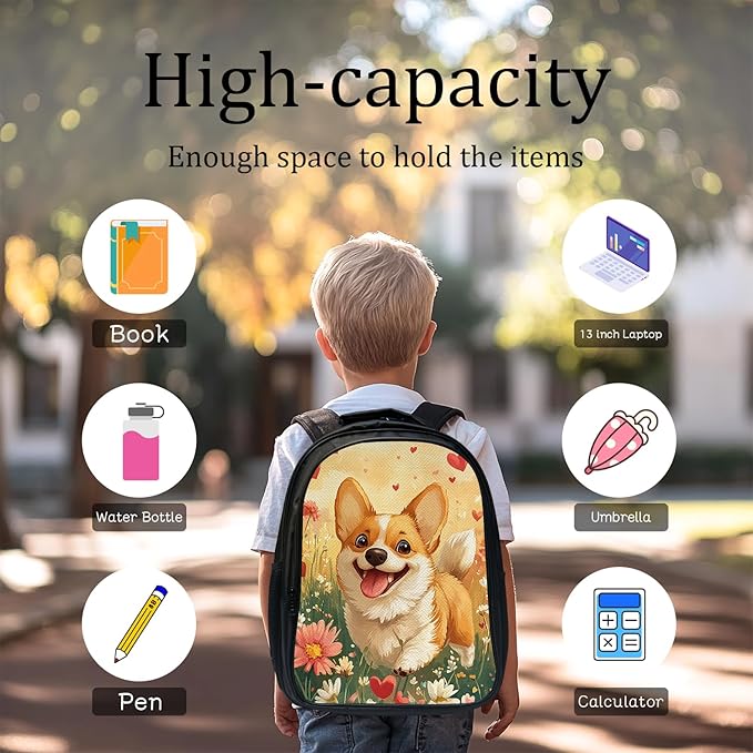 Cute Corgi Backpack Set 3 Piece School Bags and Lunch Box with Pencil Case Funny Dog Animal Bookbag Set for Toddler Kids Girls Boys Teens Kindergarten Elementary Middle