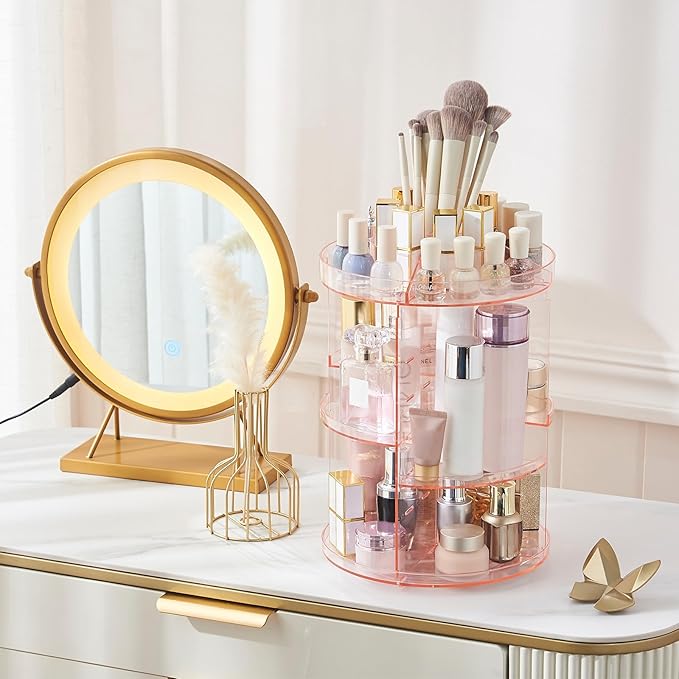 SUNFICON Rotating Makeup Holder Organizer Crystal Pink 360 Rotation Cosmetic Storage Holder Turntable Spin Display Stand Bathroom Bedroom Vanity Dressing Table Gift Girl Lady Women
