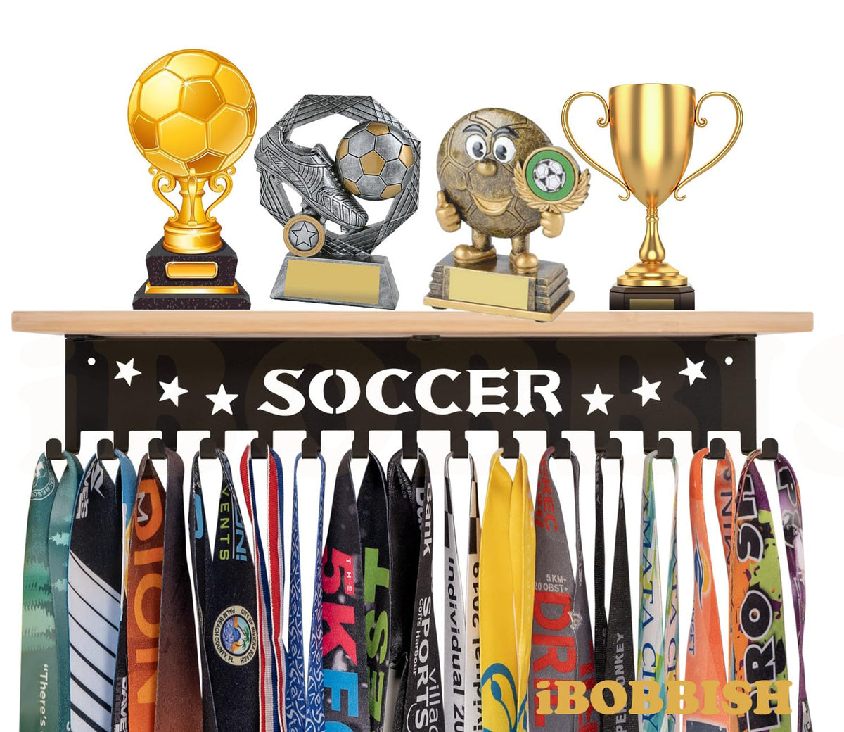 iBobbish Soccer Trophy Shelf for Wall, Soccer Medal Hanger Display with Shelf
