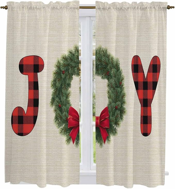Red Green Christmas Window Curtains 63 Inch Long 2 Panel Set, Rod Pocket
