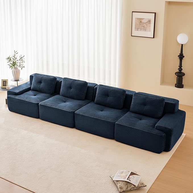 150" Modern Compressed Boneless Couch, 4 Seater Sectional Couches for Living Room, Blue Corduroy Cloud Modular Sectional Sofa, Comfy Memory Foam, Extra Deep, Sofas para Sala, No Assembly