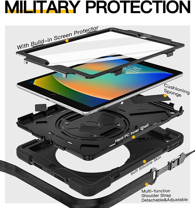 BRAECN Case for iPad 9th/8th/7th Generation - 10.2 inch 2021/2020/2019 | Heavy Duty Protective Cover with Carrying StrapHand StrapScreen ProtectorSwivel Stand Fit 10.2 inch iPad 7/iPad 8/iPad 9