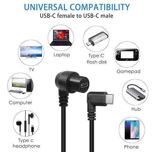 QIANRENON 90 Degree Angle USB C Flush Panel Mount Cable USB Type C 2.0 Female to Male Right Angle Waterproof Extension Cable Threaded to Dashboard or Panel 30cm/11.8 in (UP&ampDown Bend)