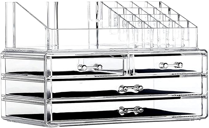 Cq acrylic 2 Pack Clear Make Up Organizer Countertop,Stackable 4 Drawers Makeup Storage,Cute Vanity Organizers for Dresser Hair Clip,Jewelry,Beauty Product Desk and Bathroom Organizers and Storage
