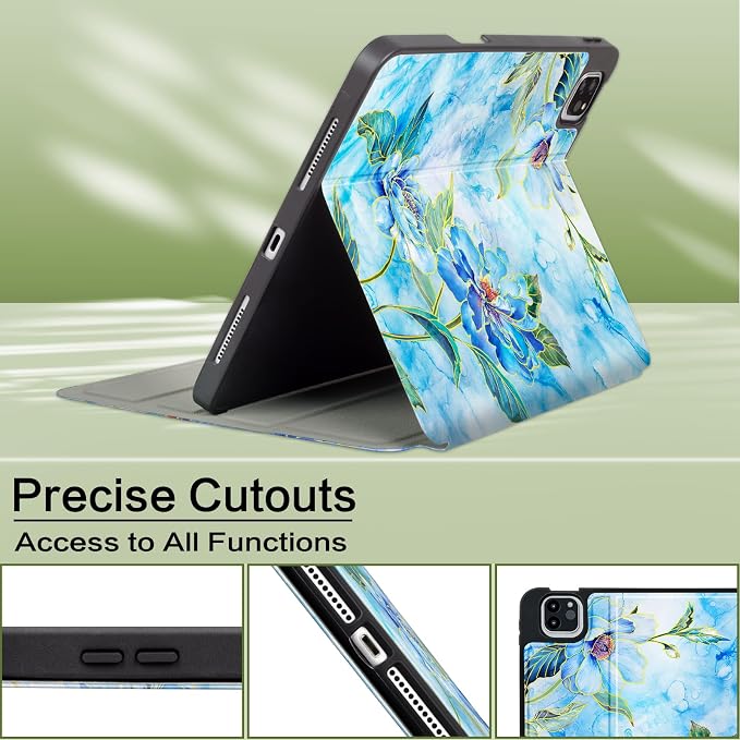 Vimorco for iPad Air 11 Inch Case M4/M3/M2 iPad Air 5th/4th Gen 10.9 Inch Cases Multi Angle Case for iPad Pro 11 Inch 4th/3rd/2nd/1st Generation Pencil Holder&ampAuto Wake&ampFoldable Blue Flowe