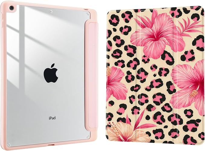 Joyland Brown Leopard Floral for iPad 6th/5th Generation 9.7 Inch 2018/2017Air 2/Air 1 CaseBuilt-in Pencil Holder with Shockproof Cover Transparent Back Shell Auto Wake/SleepBlack