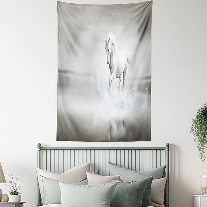 Ambesonne Horses Tapestry, Wild Horse Running Through Water Dramatic for the Motivation of Life Art, Fabric Wall Hanging Decor for Bedroom Living Room Dorm, 23" X 28", Black and White