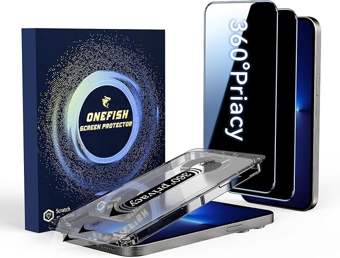 OneFish Screen Protector for iPhone 13 Pro Max / 14 Plus Privacy 4-Way 360° Anti-Spy Tempered Glass 9H Hardness HD Clear Anti-Fingerprint 3D Curved Edges Case-Friendly &amp Easy Installation