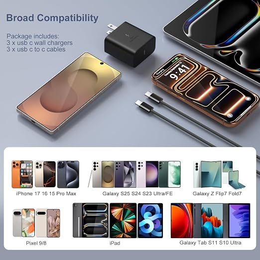 45W Super Fast Charger Type C for Galaxy S26 Ultra USB-C Charger Block with 10ft USB C to C Cable for Galaxy S25 FE S24 S23 Tab S11 S10 Android Phones 3Pack