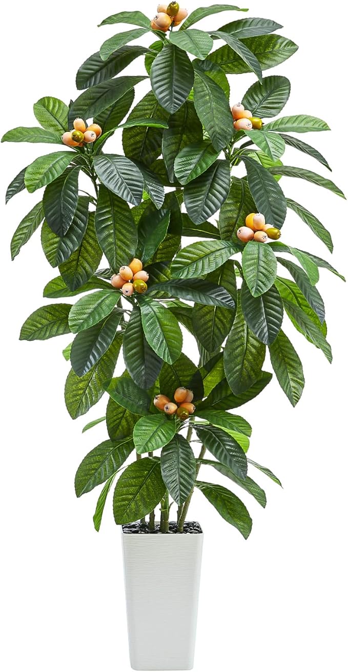 Artificial Loquat Tree：6FT Realistic Tropical Fruit Plants Fake Large Tall Tree Silk Floor Plants in White Pot with Golden Loquat Fruit for Home Decor Indoor Outdoor Room Patio Entryway Garden