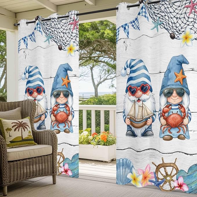 Ocean Gnome Outdoor Curtains for Patio Summer Marine Plumeria Shell Wooden