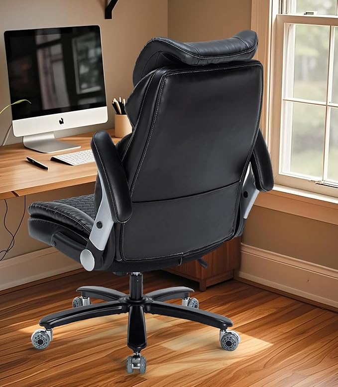 Office Chair Big and Tall 500lbs, Desk Chair Comfy, Oversized Computer Gaming Chair Extra Wide, Executive PU Leather Heavy Duty, Flip-Up Arm&Ergonomic Lumbar Support with Rubber Wheel